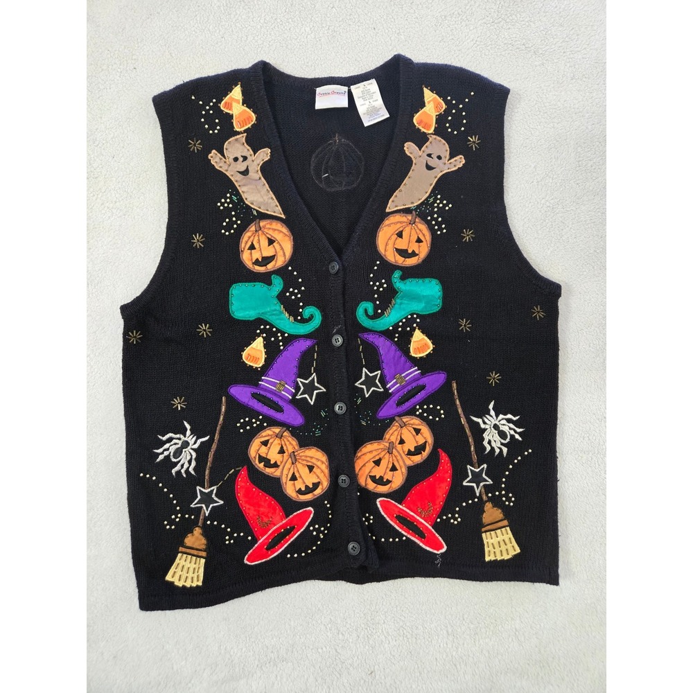Vintage Halloween Sweater Vest Black Beaded Pumpkin Ghost Large Holiday Y2K